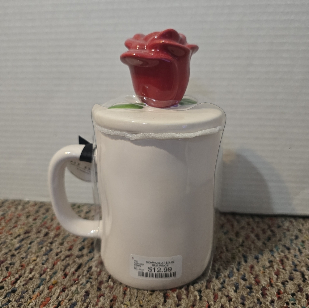 Rae Dunn White Beauty & The Beast Coffee Mug w/ Red Rose Lid Disney Princess NWT - Picture 2 of 5